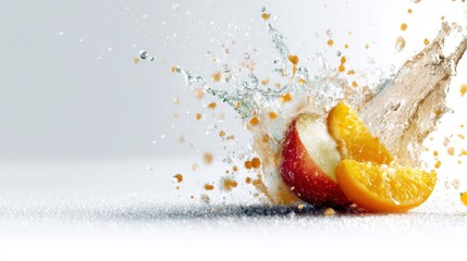 An artistic splash capturing fresh fruit pieces, symbolizing vibrancy and freshness, showcasing the beauty of food and artistry in motion.