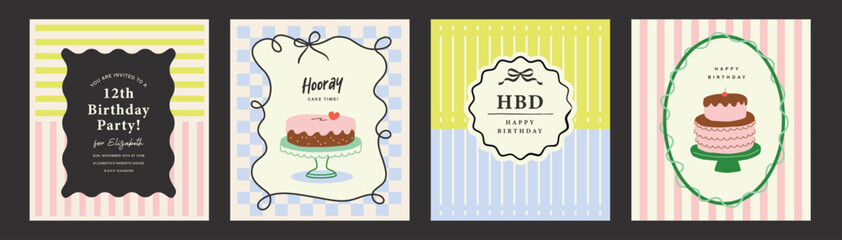 Happy Birthday banner, greeting card, invitation card, poster, cover, vector illustration with birthday cake, confetti, typography and abstract elements.   © LittleWhale