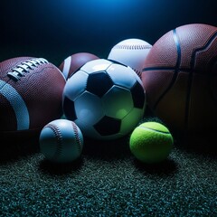 A dynamic composition featuring diverse sports balls arranged on textured green turf surface.