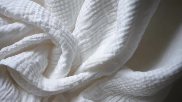 Close-up of a soft white fabric with folds and swirls, like a crumpled bed sheet.