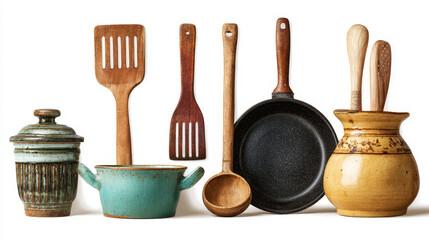 Set of vintage ceramic kitchen tools retro cooking equipment isolated on a white background. Panoramic wide-view collage.
