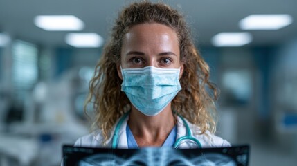 A confident healthcare professional wearing a mask holds an X-ray film, symbolizing dedication and expertise in patient care within a medical facility or clinic setting.