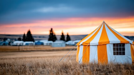 A colorful orange and white striped tent set against a stunning sunset over a vast landscape, embodying the essence of outdoor activities and gatherings.