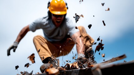 An intense moment captured of a construction worker in a hard hat, surrounded by debris, illustrating the power and determination in physical labor.