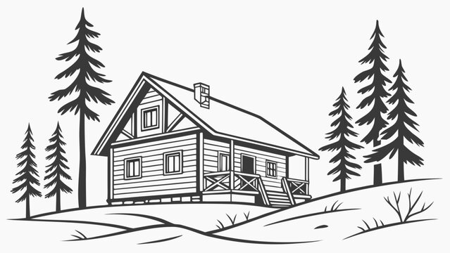 Rustic Log Cabin on Hill with Pine Trees Vector Illustration. Vintage Wood House Line Art in Nature Landscape.