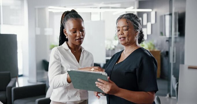 Discussion, review or people in office with tablet, draft insight or content development for article. Collaboration, women or journalist with tech, story planning or editor feedback for magazine