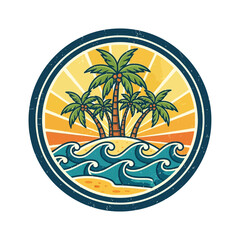 Fototapeta premium Tropical Island Paradise with Palm Trees and Ocean Waves Emblematic Design