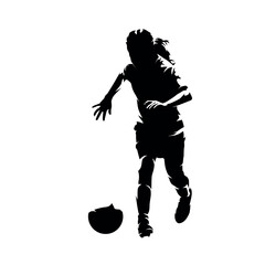 Young girl playing soccer, kids plaing football, isolated vector silhouette