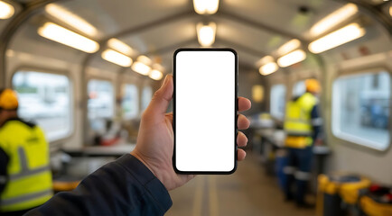 hand holding smartphone with blank white screen mockup in a warehouse industrial workshop with engineers in blurred background for industry mobile app