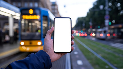 hand holding smartphone with blank white screen mockup at city tram station for mobile app navigation and urban travel public transportation concept with blurred tram background