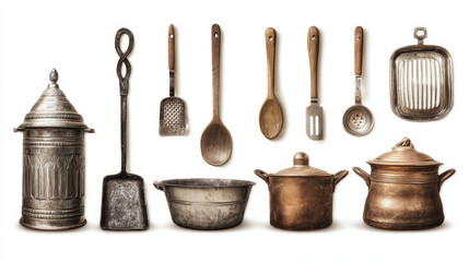 Set of vintage ceramic kitchen tools retro cooking equipment isolated on a white background. Panoramic wide-view collage.
