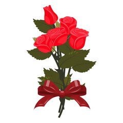 A bouquet of bright red roses with a large scarlet bow. A set of four elegant flowers and one bud. Vector illustration on a white background.