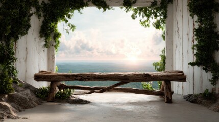 A serene natural setting framed by green vines and wooden bench, offering a panoramic view of rolling hills with a breathtaking sunset illuminating the sky. Ideal for tranquility.