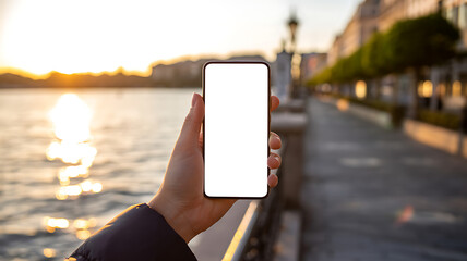 person hand holding smartphone with blank white screen mockup at sunset on waterfront promenade for travel mobile app navigation and lifestyle concept with blurred outdoor background