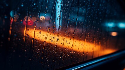 Fototapeta premium Raindrops on the window capturing the glow of city lights at night