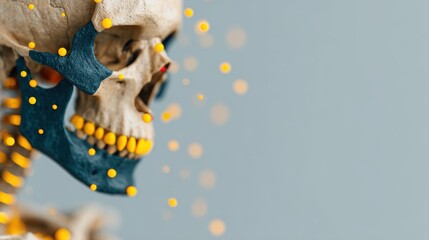 A striking side profile of a skull with colorful particles emphasizing its features, blending science and art in a visually captivating manner for educational use.