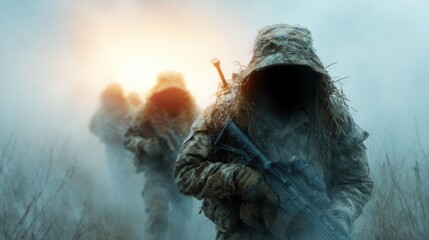 A haunting image of soldiers cloaked in camouflage attire, silhouetted in foggy surroundings, evoking a sense of mystery and tension associated with stealth and concealment.