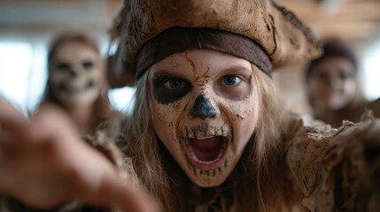 A young child dressed as a pirate with a mysterious and spooky appearance, showcasing unique facial makeup in an engaging and playful setting filled with adventure vibes.