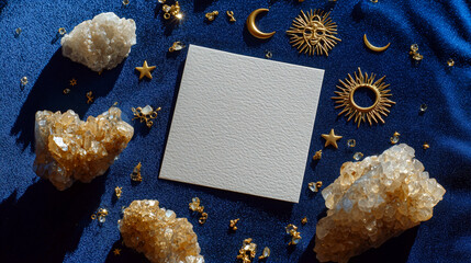 Blank white square card mockup on royal blue velvet with gold celestial charms and citrine. Luxury spiritual background frame for astrology, horoscope, and magic quotes.