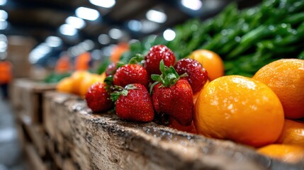 An appealing display of fresh strawberries and oranges nestled among vibrant green produce, showcasing the beauty and abundance of nature's bounty in a market environment.