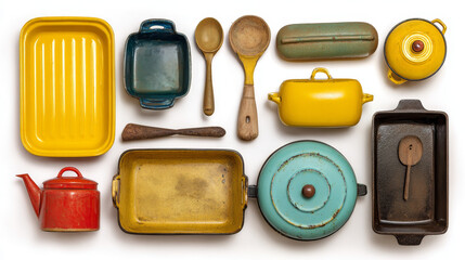 Set of vintage ceramic kitchen tools retro cooking equipment isolated on a white background. Panoramic wide collage.
