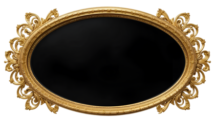 Elegant gold ornate oval mirror frame on black background