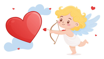Cute angel illustration aiming a heart with bow and arrow in a whimsical sky setting
