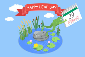 Naklejka premium 3D Isometric Flat Vector Illustration of Happy Leap Day, Celebration With Jumping Frog