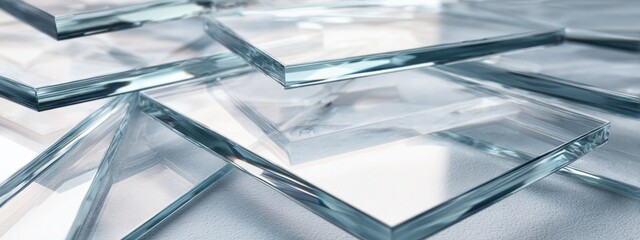 Stacked glass panels on a table showing reflections and clear edges in a bright setting