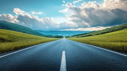 Calm road view with vibrant green hills and cloudy sky 