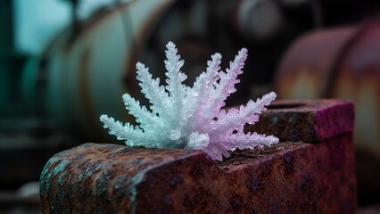 Unique crystalline formation resembling coral shines against rusted metal background in soft lighting