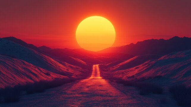 Glowing orange sun above road and hills, dramatic perspective 