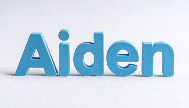 Male name Aiden in soft blue velvet letters against glittering white background, cute boy design