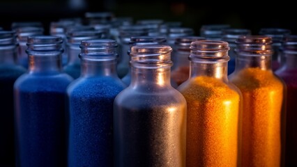 Vibrant colored sands in glass bottles create a stunning display at sunset