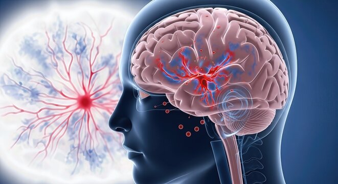 This intricate medical visualization shows profound vascular impairment, detailing an ischemic stroke and hemorrhagic injury, explaining transient ischemic attack and minor cerebral damage.