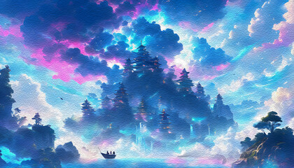 Fantasy landscape with a glowing island, dramatic sky, and small boat on calm water, evoking wonder and escape.