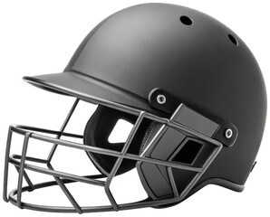 Fototapeta premium A dark gray, textured baseball batting helmet made of durable polymer and metal with a protective face cage and visor, showcased from a side profile against a , isolated on transparent background.