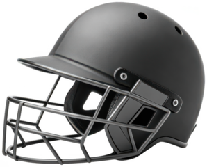 A dark gray, textured baseball batting helmet made of durable polymer and metal with a protective face cage and visor, showcased from a side profile against a , isolated on transparent background.