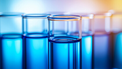 Glass Test Tubes Filled with Vibrant Blue Liquid under Gradient Lighting in Laboratory Setting