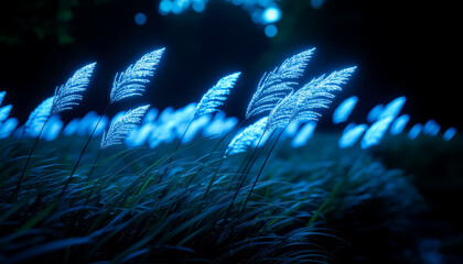 Bioluminescent Grasses Gently Swaying in the Night Breeze with a Soft Blue Glow