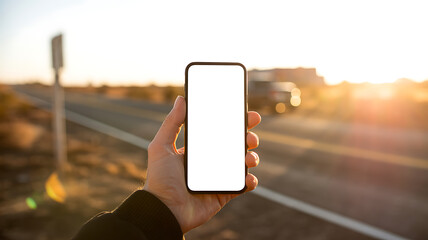hand holding smartphone with blank white screen mockup at golden hour sunset on long desert highway road for travel navigation and road trip mobile app concept with blurred background