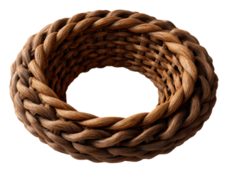 Intricately woven brown rope circle with texture details on black background