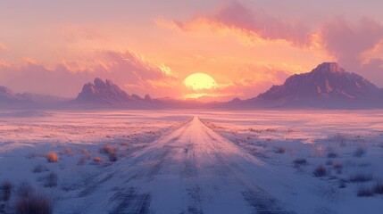 Remote road under gentle sunset haze 