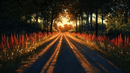 Obraz premium Roadside shadows growing longer at sunset 