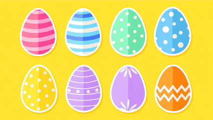 Set of colorful Easter egg stickers with different patterns like stripes, dots, and zigzags in flat design style on a yellow background.