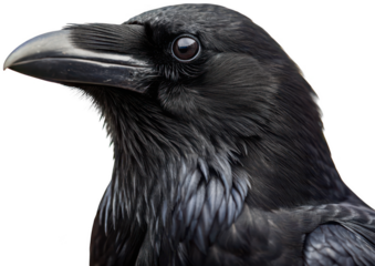 Extremely detailed, hyperrealistic black raven head and neck with glossy black feathers and a sharp, dark beak, positioned against a glitch art background, isolated on transparent background.