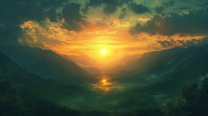 Fototapeta premium View of sun setting between green mountain passes