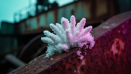 Coral-like formation emerges on rusty surface of a forgotten vessel at twilight