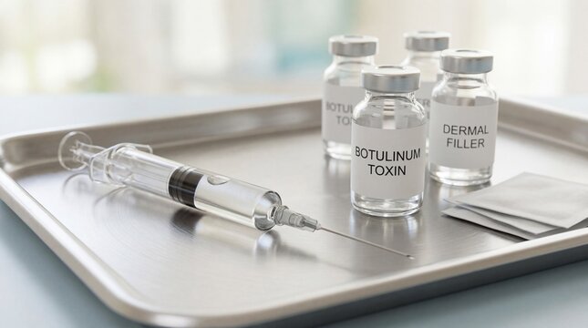 Closeup of a syringe with botulinum toxin and dermal filler vials on a medical tray for cosmetic procedure or anti-aging treatment.