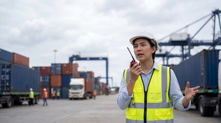 Woman logistics coordinator using walkie talkie at port. Shipping and cargo management concept for global trade and transportation industry.